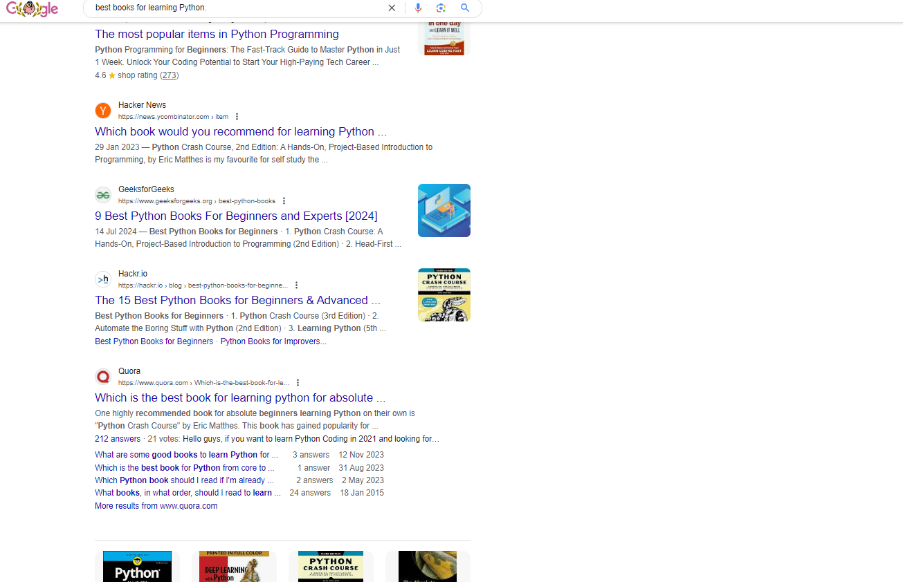 Google search results for 'best books for learning Python' which includes guides and forums.
