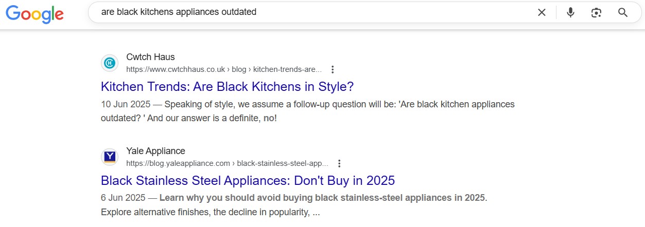 Cwtch Haus appearing on a Google results page for 'are black kitchens appliances outdated'. 'Their metadata: Kitchen Trends: Are Black Kitchens in Style? Speaking of style, we assume a follow-up question will be: 'Are black kitchen appliances outdated? ' And our answer is a definite, no!'