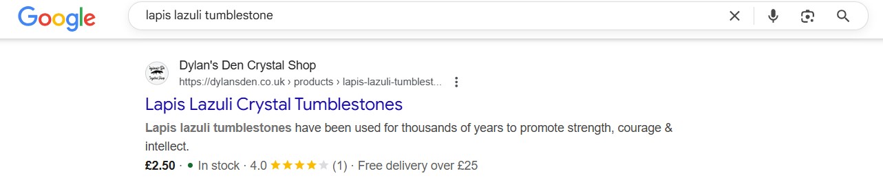 Dylan's Den in the Google results page for the keyword 'lapis lazuli tumblestone.'