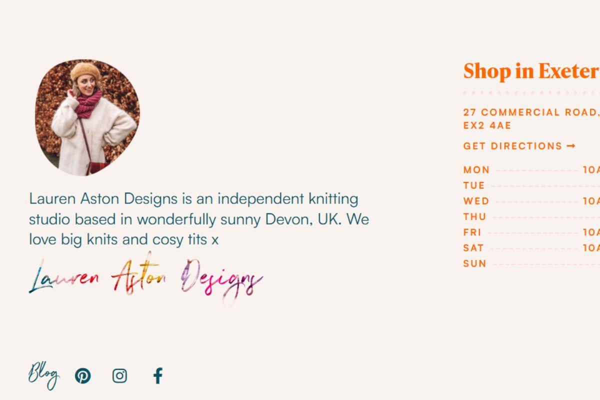 Lauren Aston Designs footer description "an independent knitting studio based in wonderfully sunny Devon"