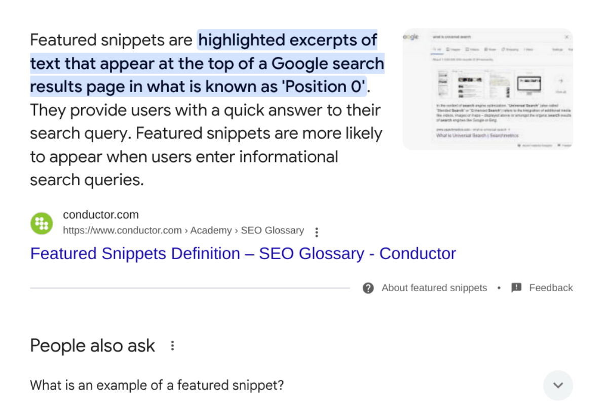 A visual representation of what a featured snippet looks like on Google.