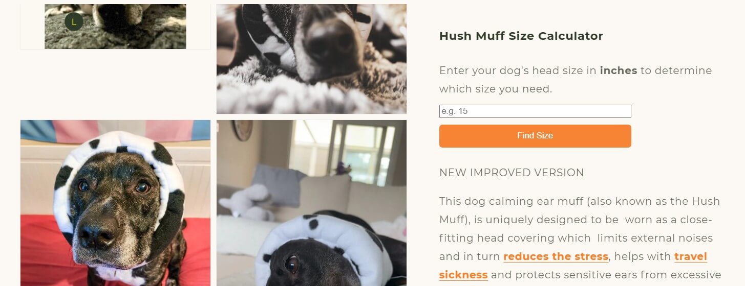 The Hush Muff Calculator in the Shopify website description asks users to enter their dog's head size in inches to determine the product size they need.