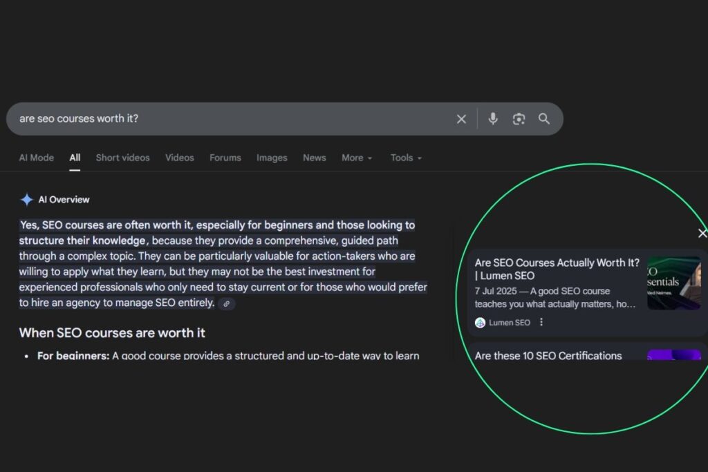 Screenshot of Lumen's blog showing up in Googles AI overview.