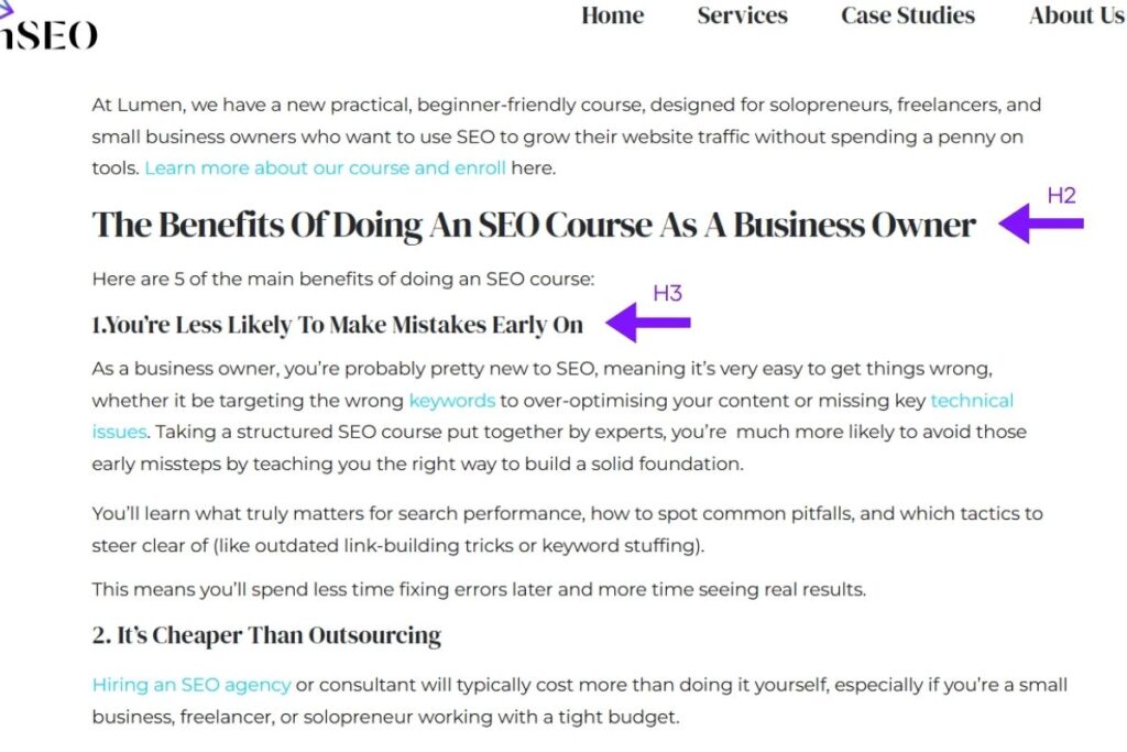 screenshot showing heading structures in a Lumen blog.
